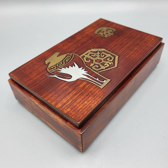 Vintage Asian Decorative Wooden Trinket Box Metal Inlays with Lid - Picture 15 of 16